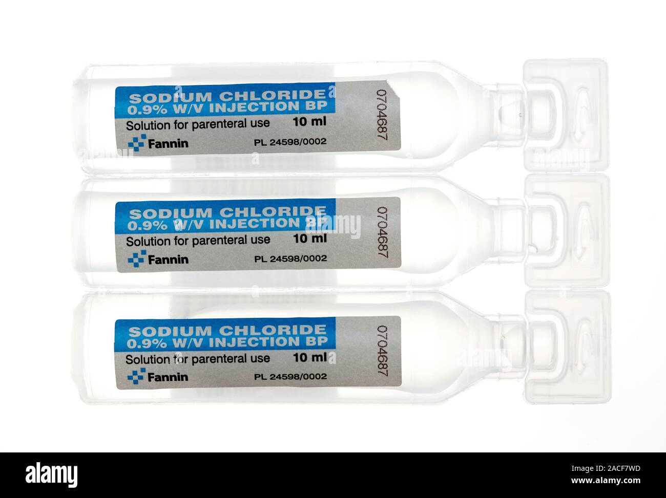Saline pods. Vials containing sterile saline (sodium chloride) solution