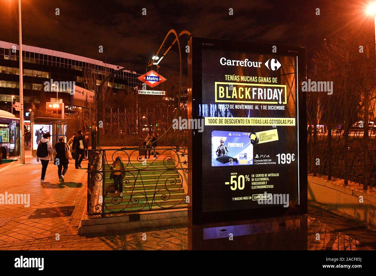 *** STRICTLY NO SALES TO FRENCH MEDIA OR PUBLISHERS *** December 02, 2019 - Madrid, Spain: An advertisement for Black Friday in front of the metro Feria de Madrid, near the IFEMA exhibition hall that host the COP25 climate talks. Stock Photo