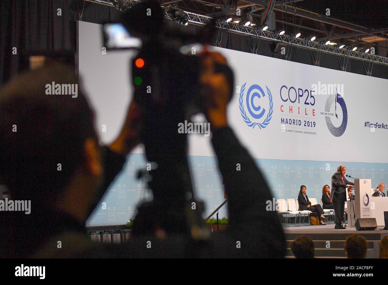 *** STRICTLY NO SALES TO FRENCH MEDIA OR PUBLISHERS *** December 02, 2019 - Madrid, Spain: Journalists attend the opening ceremony of the COP25 climate conference in Madrid. Stock Photo
