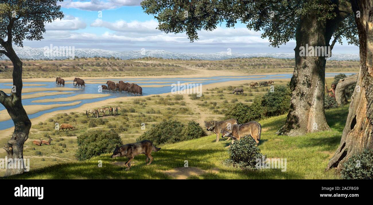 Neanderthal landscape. Artwork showing a Neanderthal (Homo ...