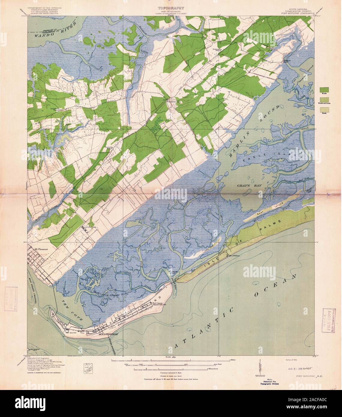 USGS TOPO Map South Carolina SC Fort Moultrie 260675 1919 21120 Restoration Stock Photo