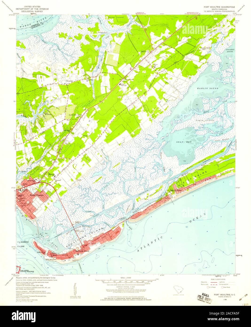 USGS TOPO Map South Carolina SC Fort Moultrie 261011 1959 24000 Restoration Stock Photo