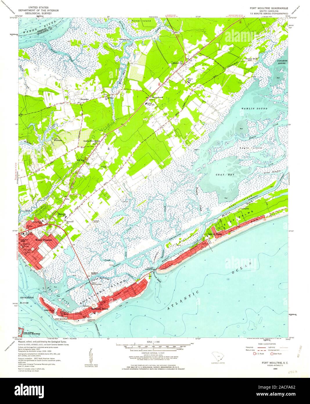 USGS TOPO Map South Carolina SC Fort Moultrie 261010 1959 24000 Restoration Stock Photo