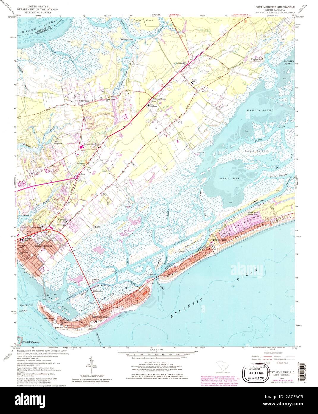 USGS TOPO Map South Carolina SC Fort Moultrie 261013 1959 24000 Restoration Stock Photo