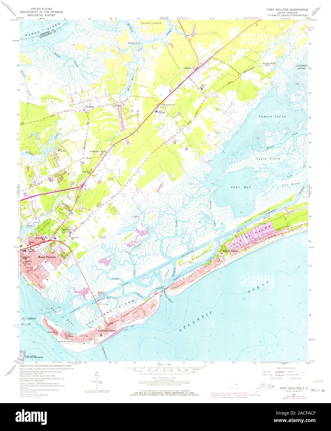 USGS TOPO Map South Carolina SC Fort Moultrie 261012 1959 24000 Restoration Stock Photo