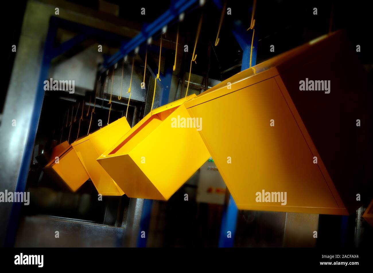 Industrial powder coating. Steel components for industrial lockers on a