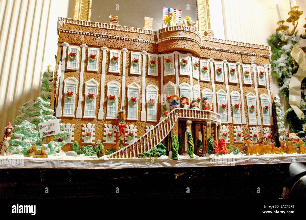 December 3, 2001, Washington, District of Columbia, USA: The White House Christmas decorations were shown to the press on December 3, 2001. Even though the Executive Mansion has been closed to tourists since the 9/11 terrorist attacks, the annual ritual of decorating the house continues. The gingerbread house is a re-creation of the White House as it appeared in 1800 when President John Adams became the first resident. The gingerbread house took approximately three weeks to create. The house is made from 80 pounds of gingerbread, 30 pounds of chocolate and 20 pounds of marzipan (Credit Im Stock Photo