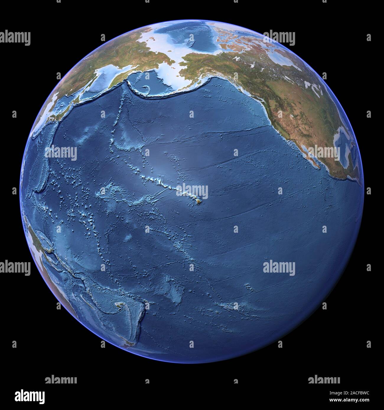 Pacific Ocean, topographic map. This map is centred on Hawaii in the