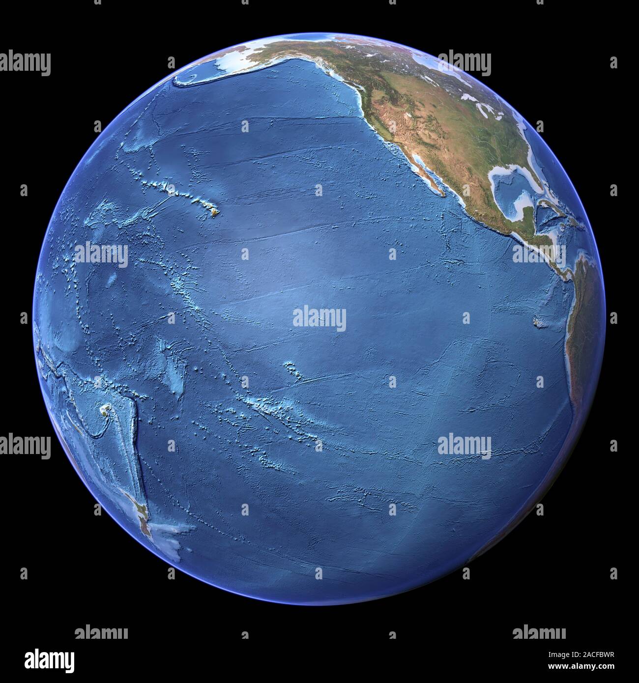Pacific Ocean, topographic map. This map is centred on the Pacific