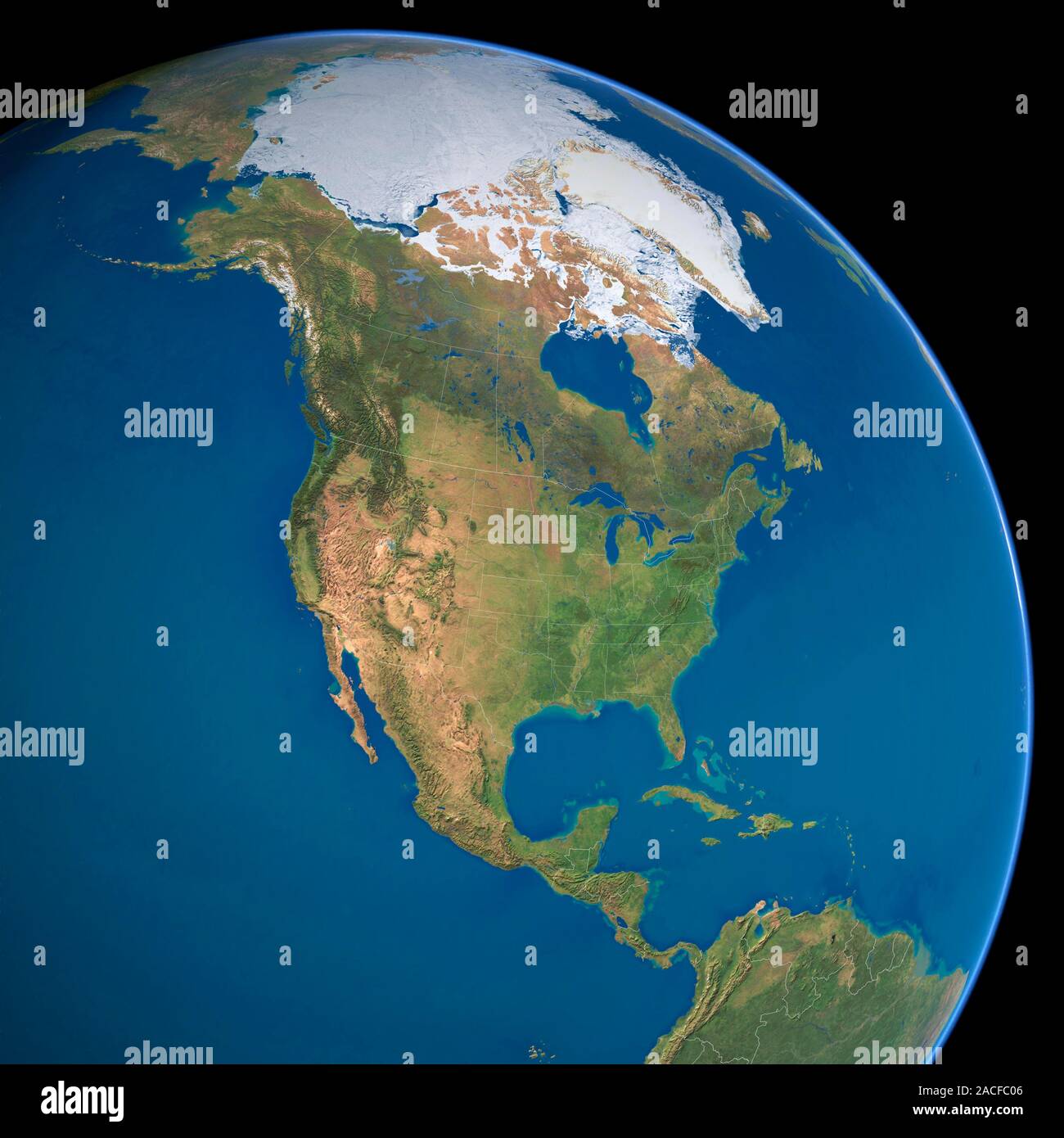 North America, political map. Oceans are blue and land is green and brown.  South America (bottom right) and the Arctic (top, white) are also seen, alo  Stock Photo - Alamy