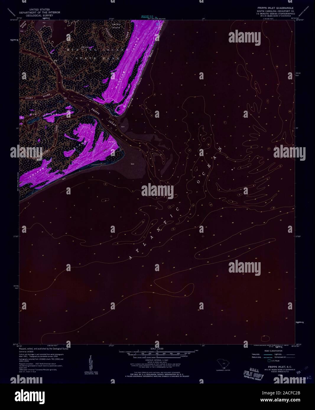 USGS TOPO Map South Carolina SC Fripps Inlet 261024 1958 24000 Inverted ...