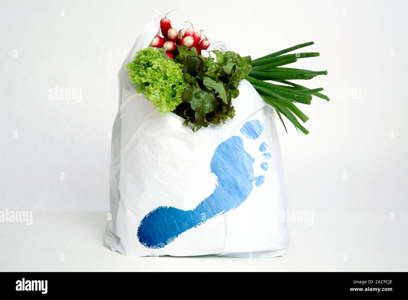 Water footprint. Shopping bag holding fresh vegetables with a water