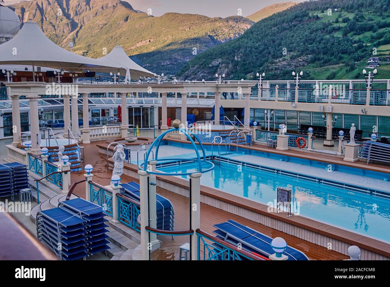 Taken fron the Lido deck of the Norwegian Sprit. The small village Flåm is one of the most popular destinations in Norway and Scandinavia Stock Photo