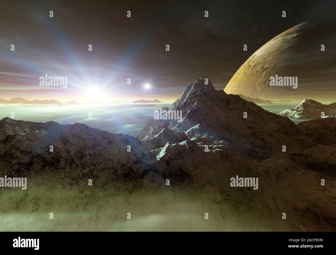 Double star sunset on an alien planet with a large mooon (upper right), computer artwork. A double star system arises when two stars revolve around ea Stock Photo
