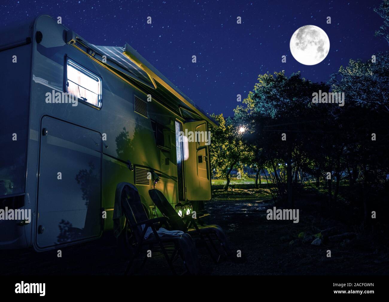 Summer Night Rv Camping Recreational Vehicle Class C Motorhome Under Starry Sky Campground Rv Park Pitch Modern Camper Van Stock Photo Alamy