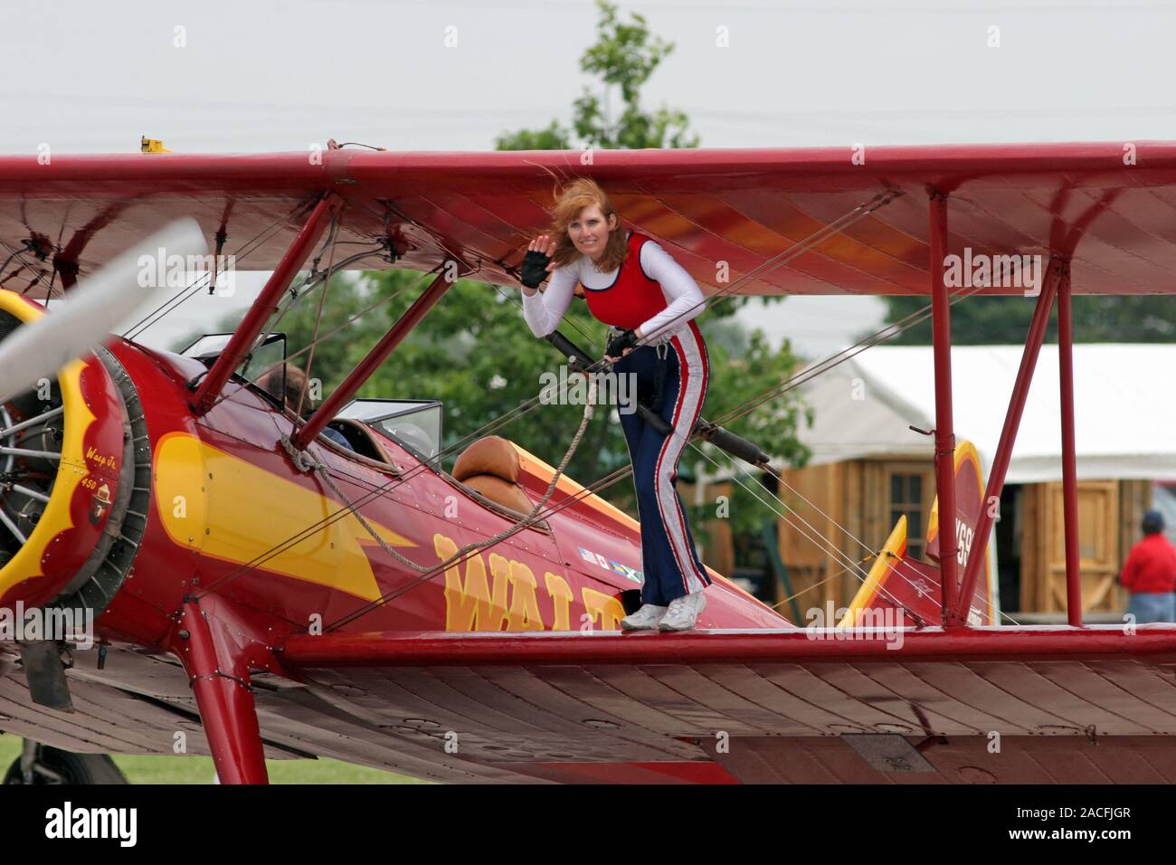 Jenny Forsythe, wing walker, at the Wings and Wheels airshow in St. Thomas, Ontario, Canada, in June 2009. Stock Photo