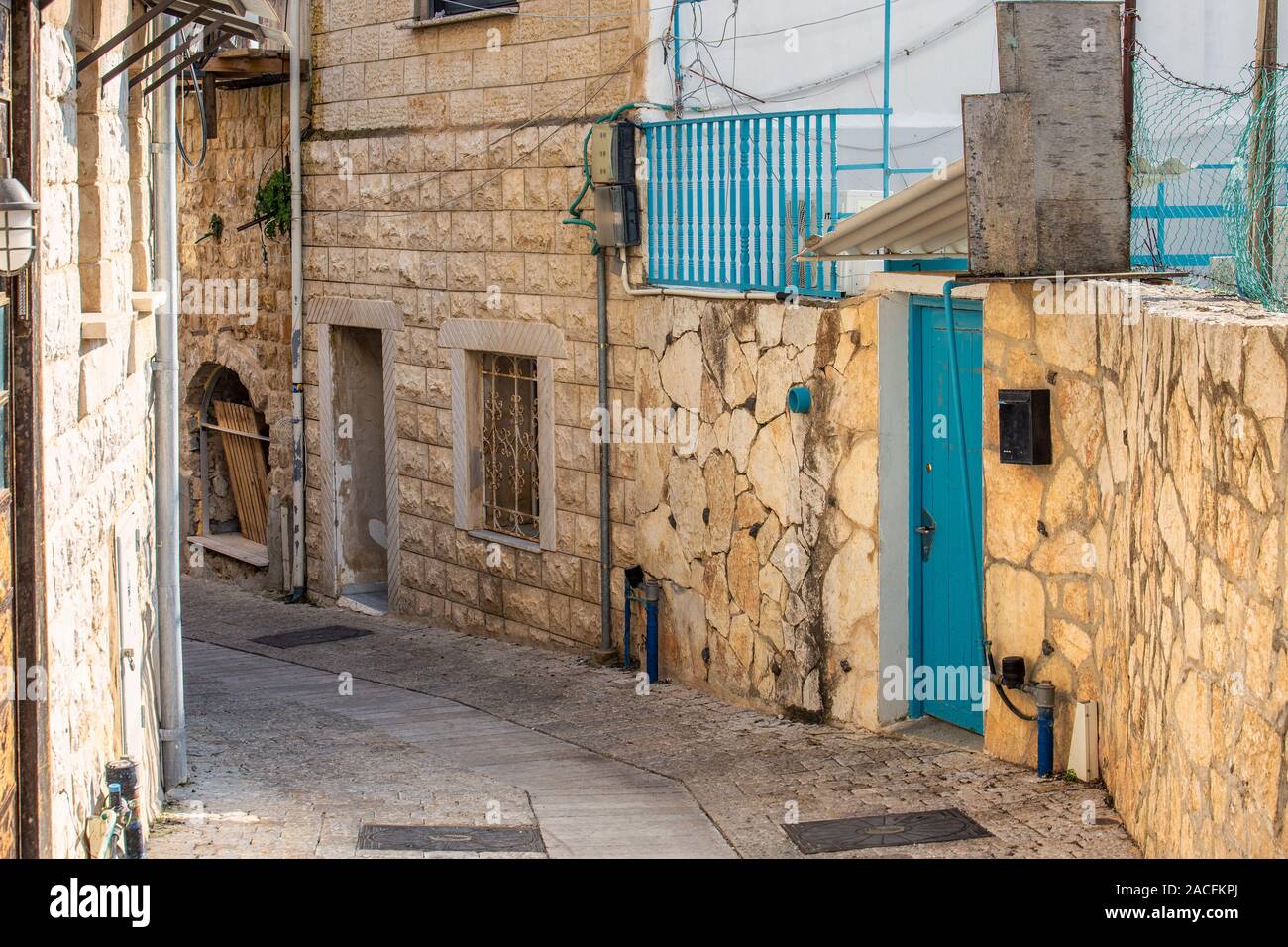 Blue streets of Holy city Safed, Israel. Stock Photo