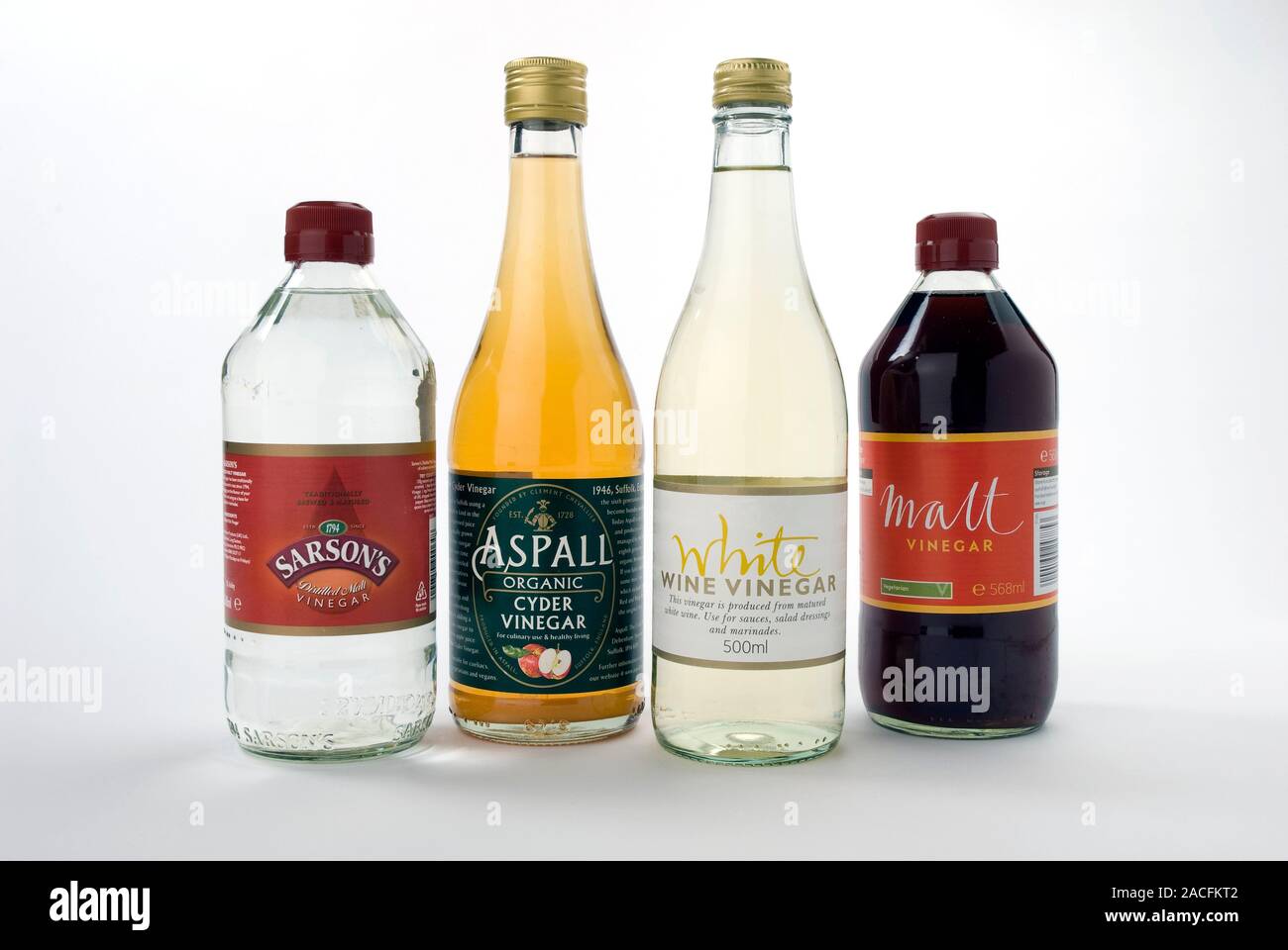 Selection of vinegars. Four different types and flavours of vinegar