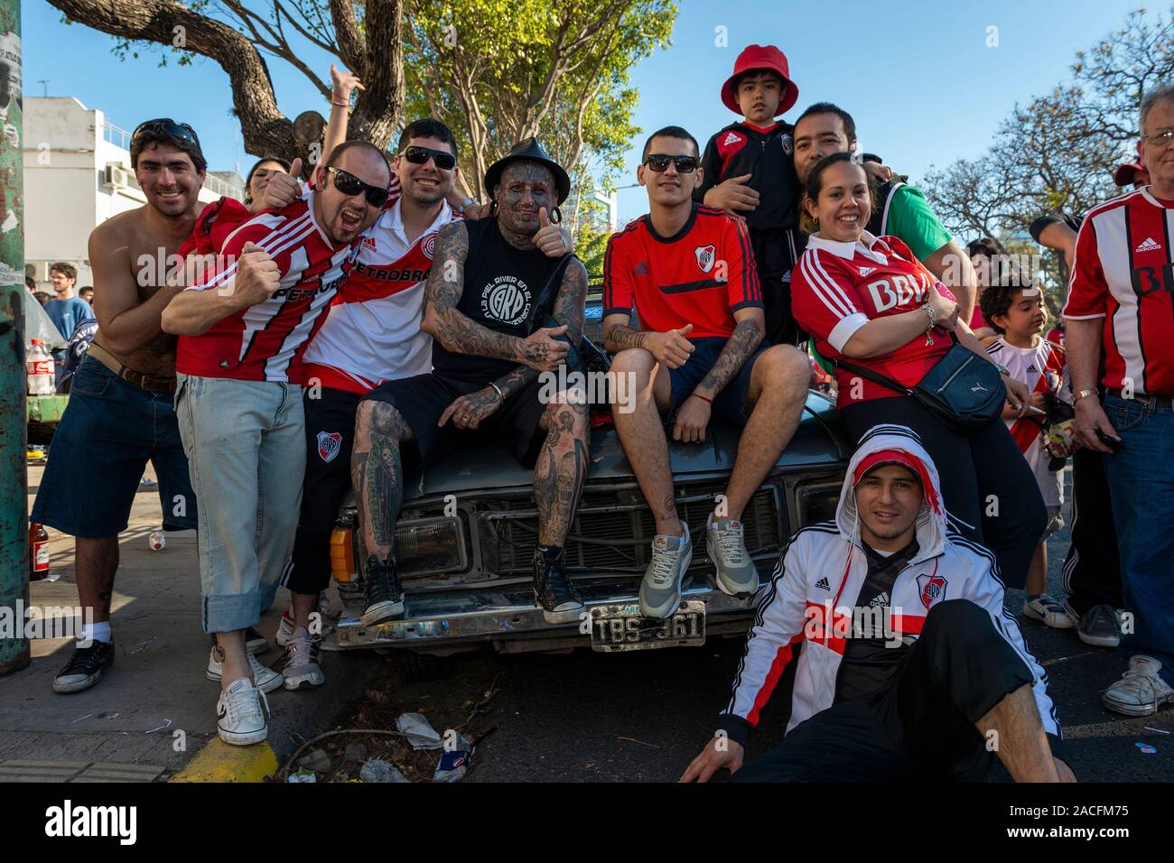 Buenos Aires, Argentina - October 6, 2013: River Plate supporters arriving at the Estadio Monumental Antonio Vespucio Liberti for a soccer game in the Stock Photo