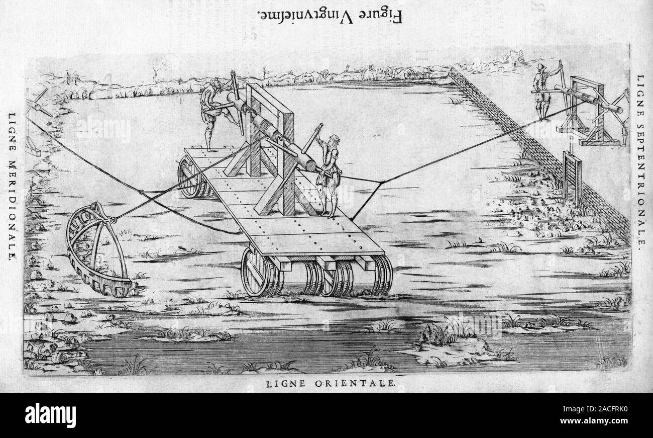 Dredging machine, 16th century artwork. The dredge is at left, and a system of pulleys on the