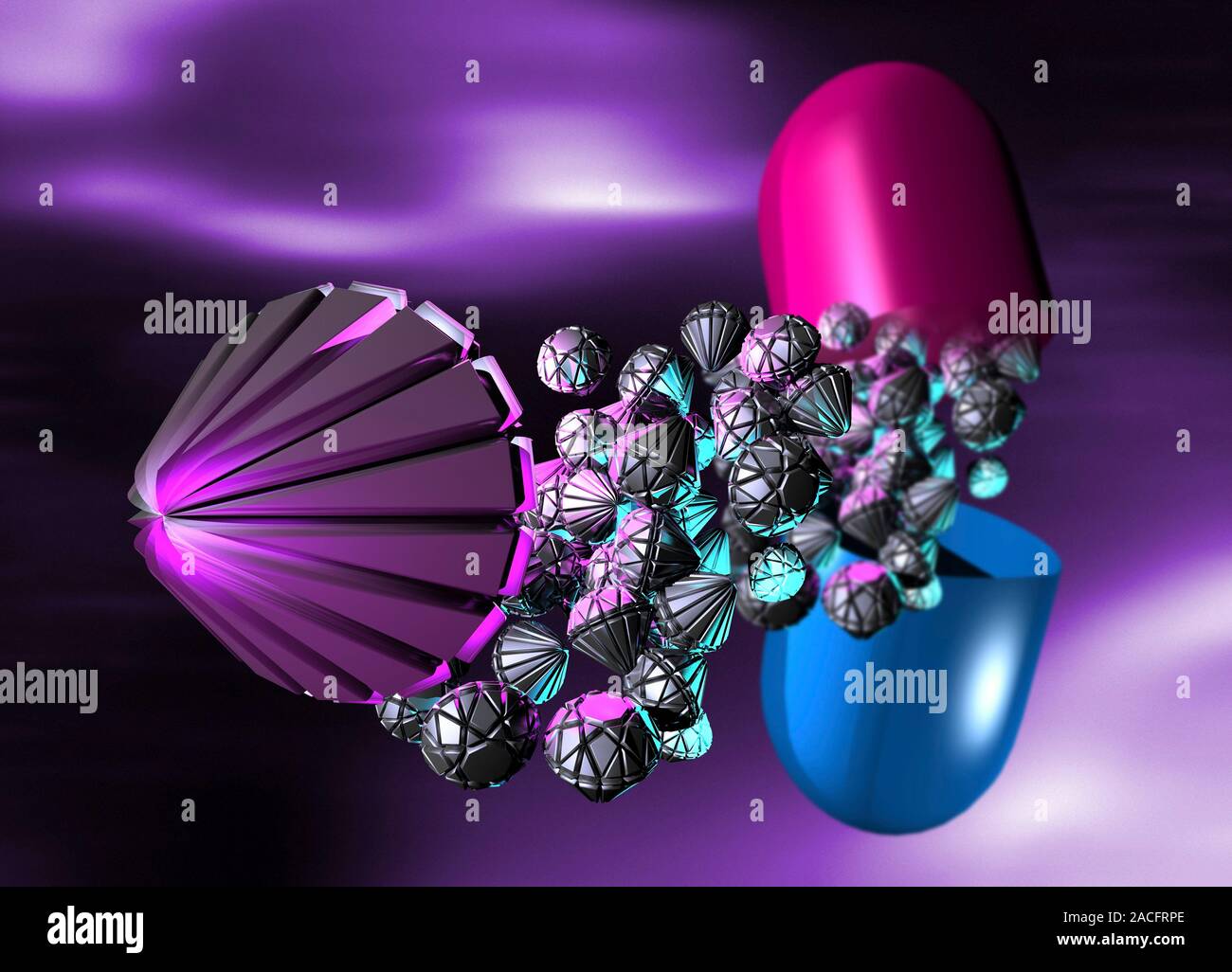 Nanorobots. Computer artwork of nanorobots dispersing from a capsule ...