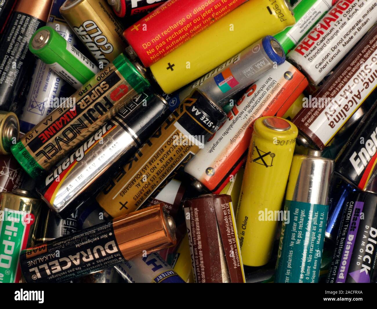 Batteries. An assortment of different types, sizes and brands of