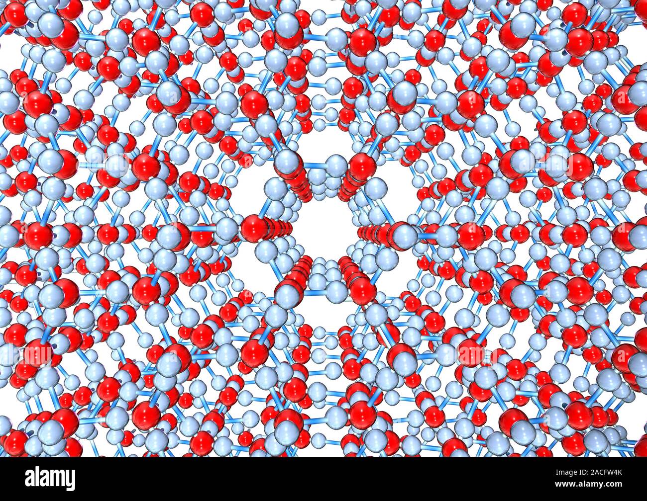 Ice. Molecular model showing the hexagonal structure of ice. Atoms are represented as spheres