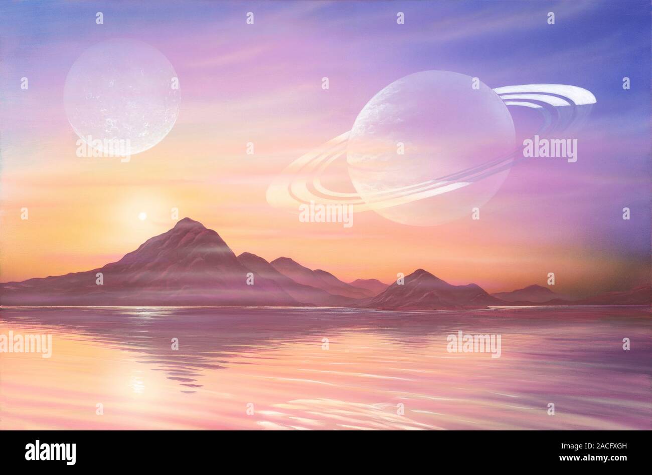 Alien landscape. Artwork of a lake and mountains on an alien moon ...