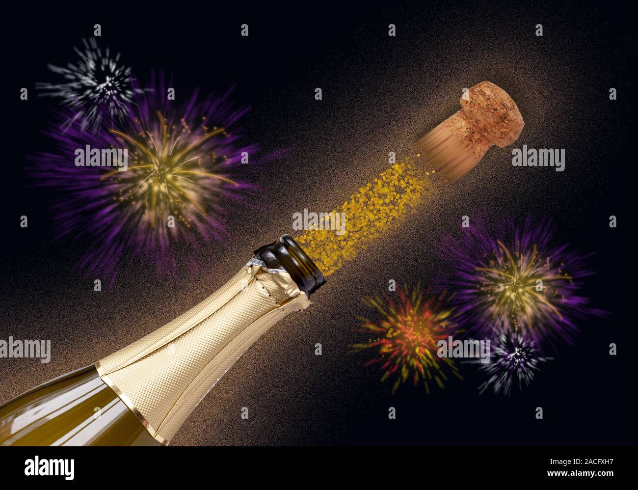 Cork popping out from bottle with sparkling wine at party on black