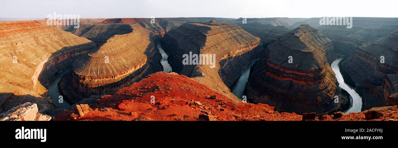 Goosenecks canyon. Panoramic view across the entrenched meandering of ...