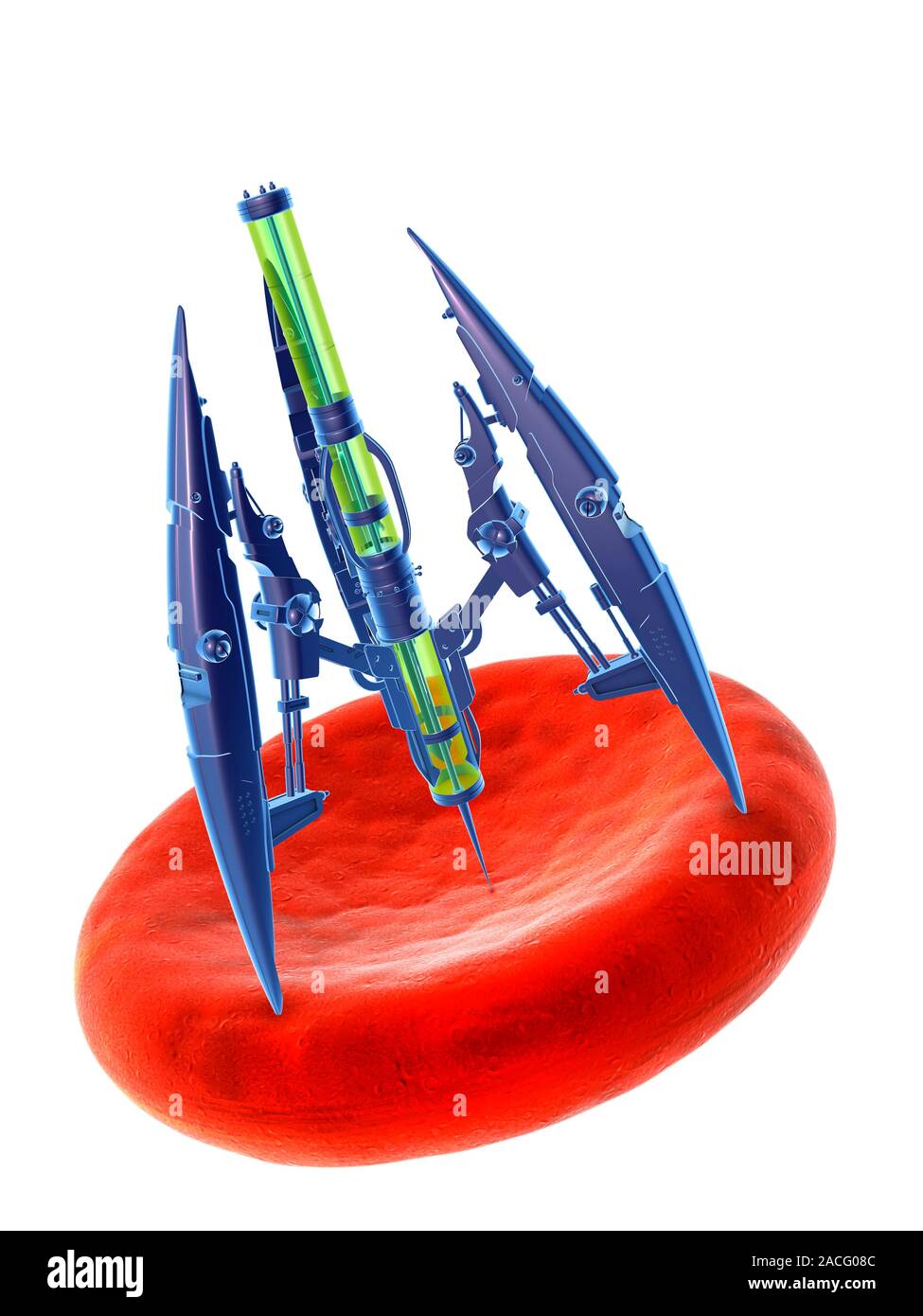 Medical nanorobot. Computer artwork of a nanorobot injejecting a red ...