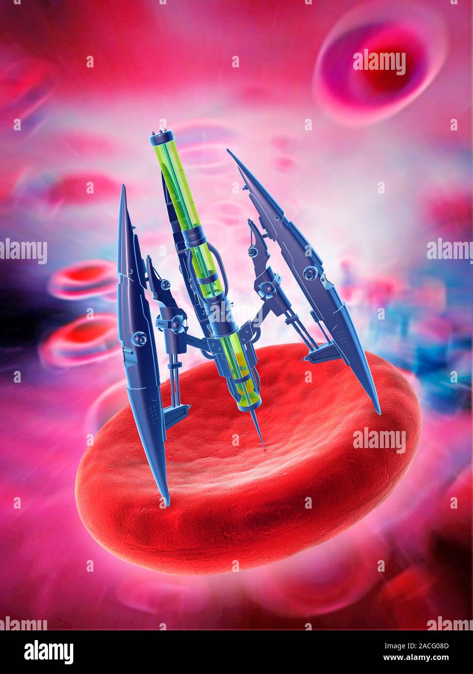 Medical nanorobot. Computer artwork of a nanorobot injecting a red ...