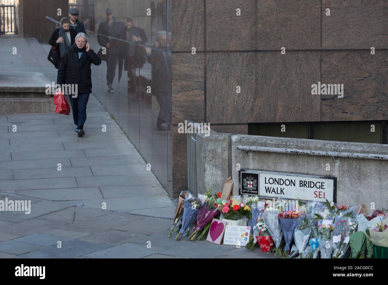 Three days after the killing of Jack Merritt, 25, and Saskia Jones, 23, by  the convicted teorrorist Usman Khan at Fishmongers' Hall on London Bridge,  a memorial of flowers appeared at the