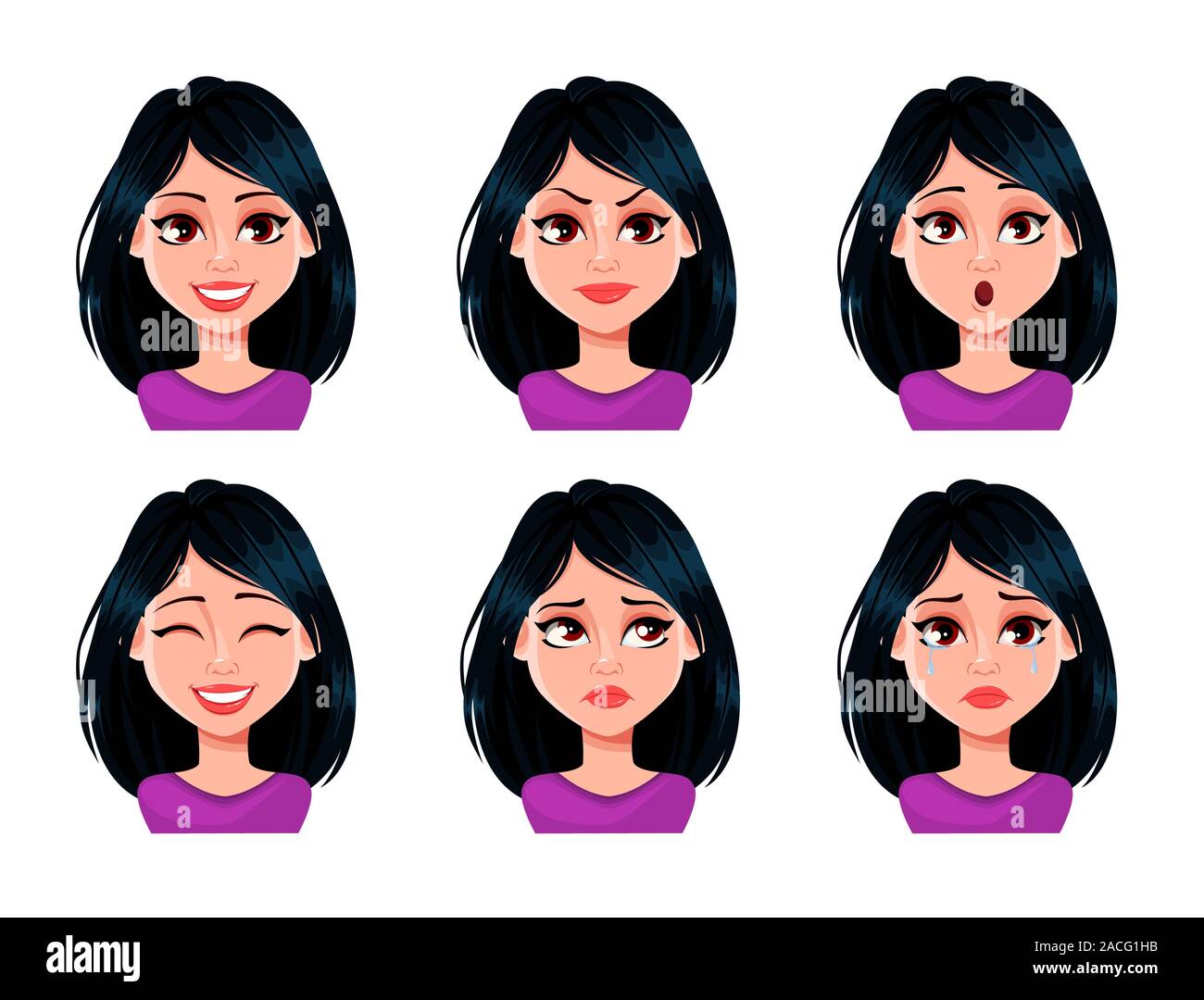 Face expressions of woman with dark hair. Different female emotions set.  Beautiful cartoon character. Vector illustration isolated on white  background Stock Vector Image & Art - Alamy