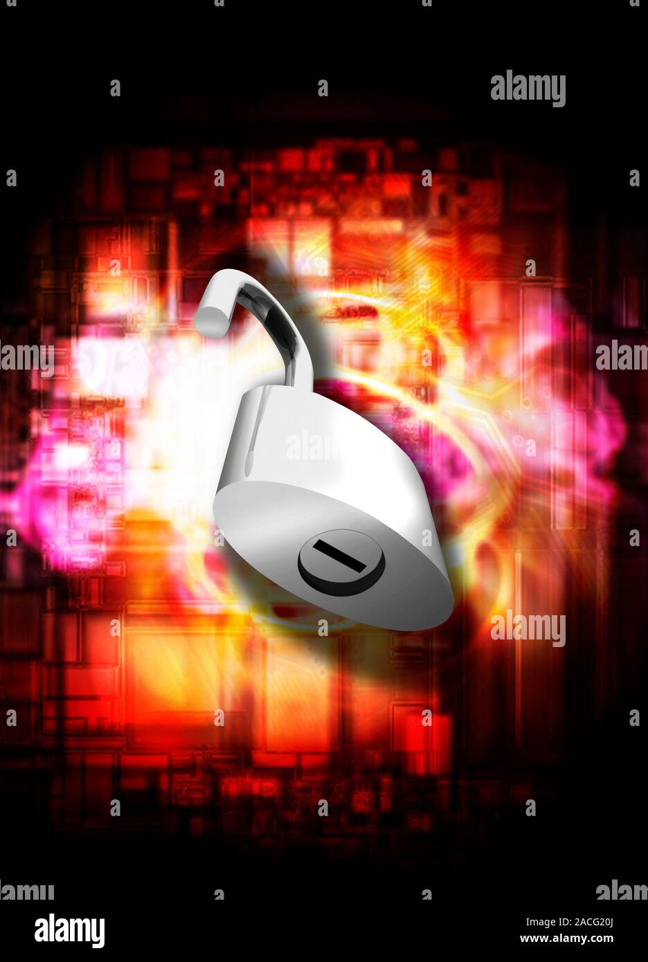Security technology, conceptual computer artwork. The padlock represents various security technologies, while the printed circuit board (PCB) design i Stock Photo