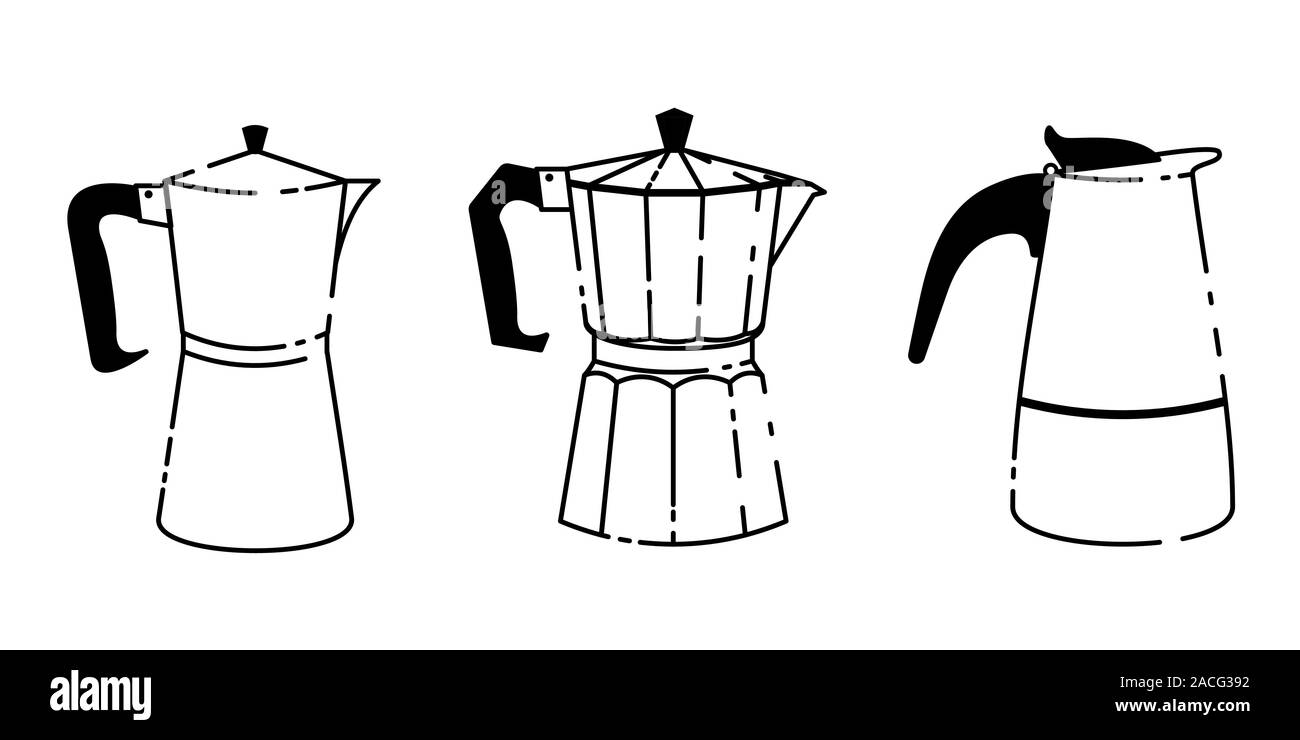 a set of three different geyser Italian coffee makers in a line style. Vector illustration. Stock Vector