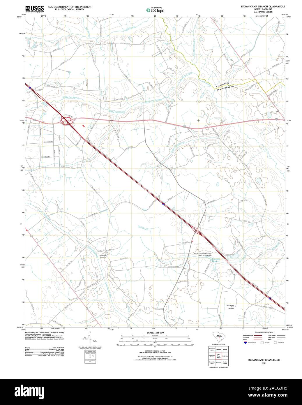 USGS TOPO Map South Carolina SC Indian Camp Branch 20110808 TM Restoration Stock Photo