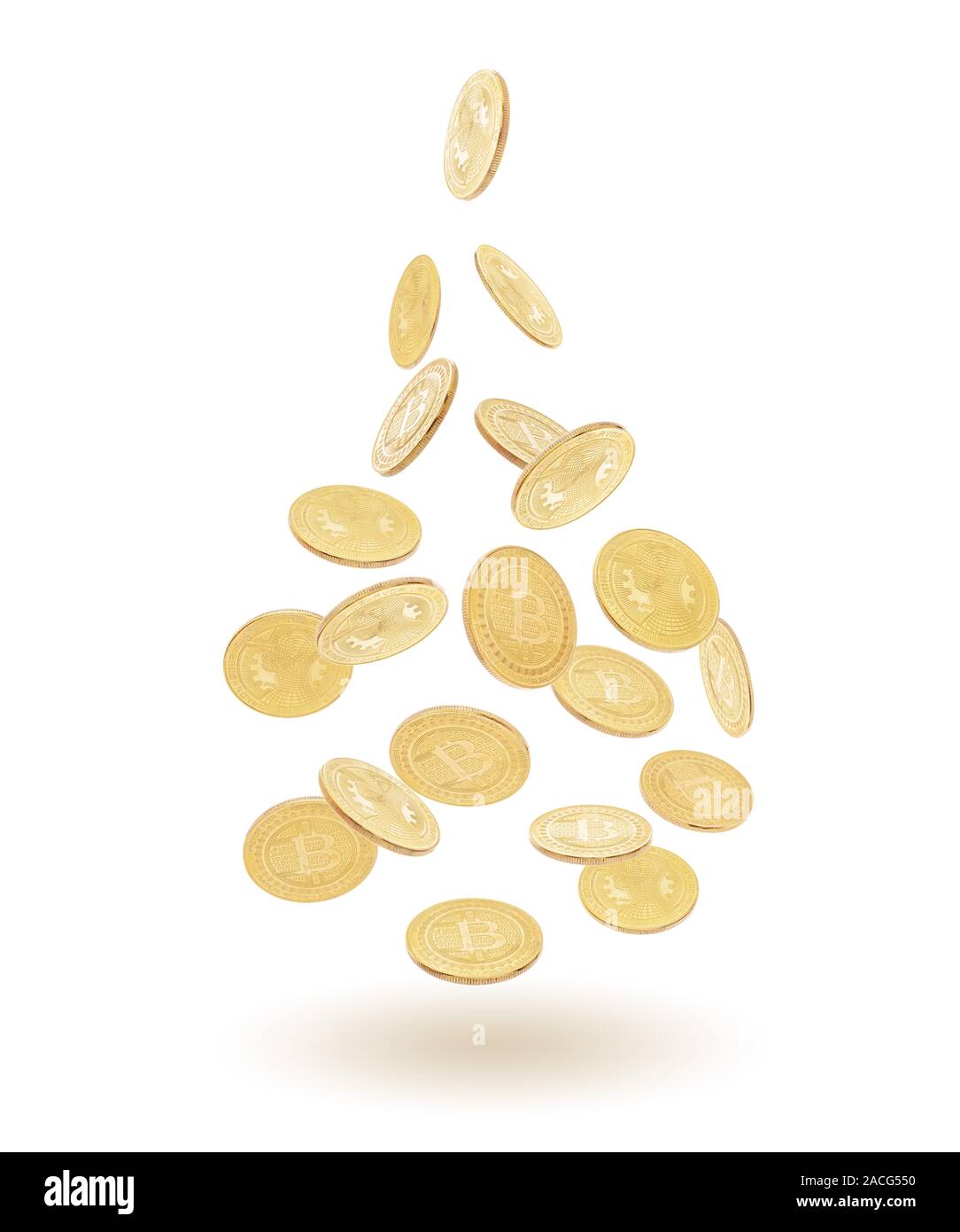 Gold cryptocoin Bitcoin explosion. Isolated on white Stock Photo
