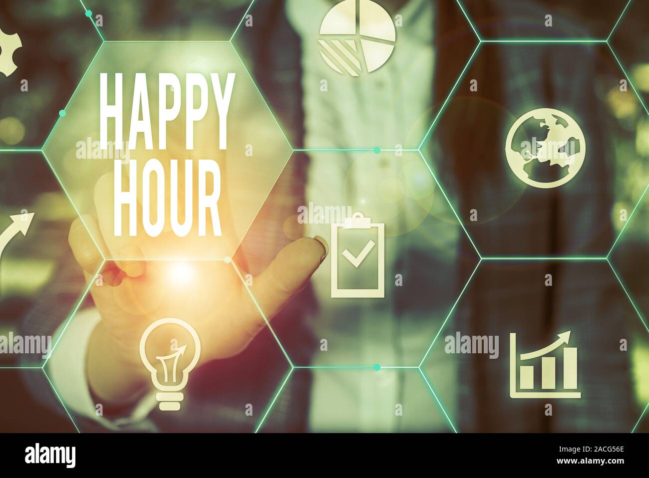 Text sign showing Happy Hour. Business photo text Spending time for activities that makes you relax for a while Female human wear formal work suit pre Stock Photo
