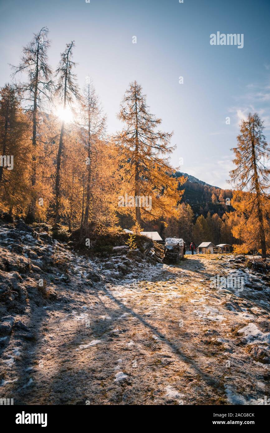 Woman hiking in Austrian Alps near Filzmoos in the autumn, Salzburg, Austria Stock Photo