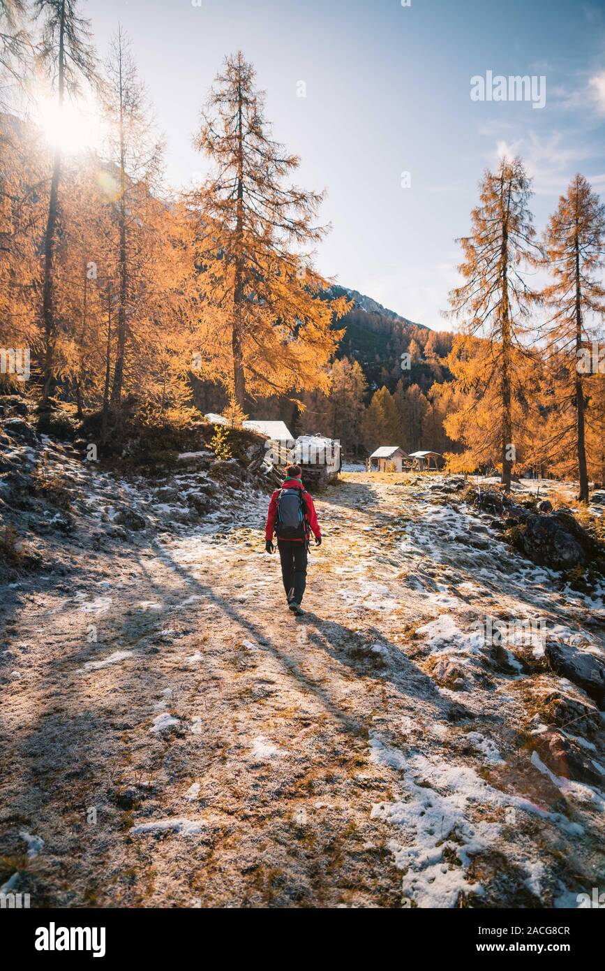 Woman hiking in Austrian Alps near Filzmoos in the autumn, Salzburg, Austria Stock Photo