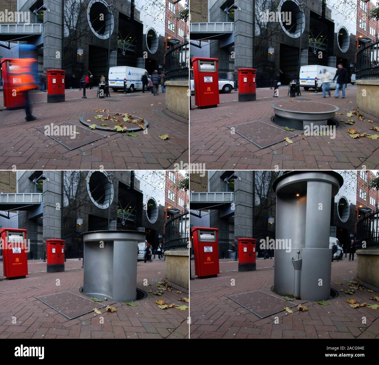 Retractable public urinal. Sequence of four images (left to right, from upper left) showing a