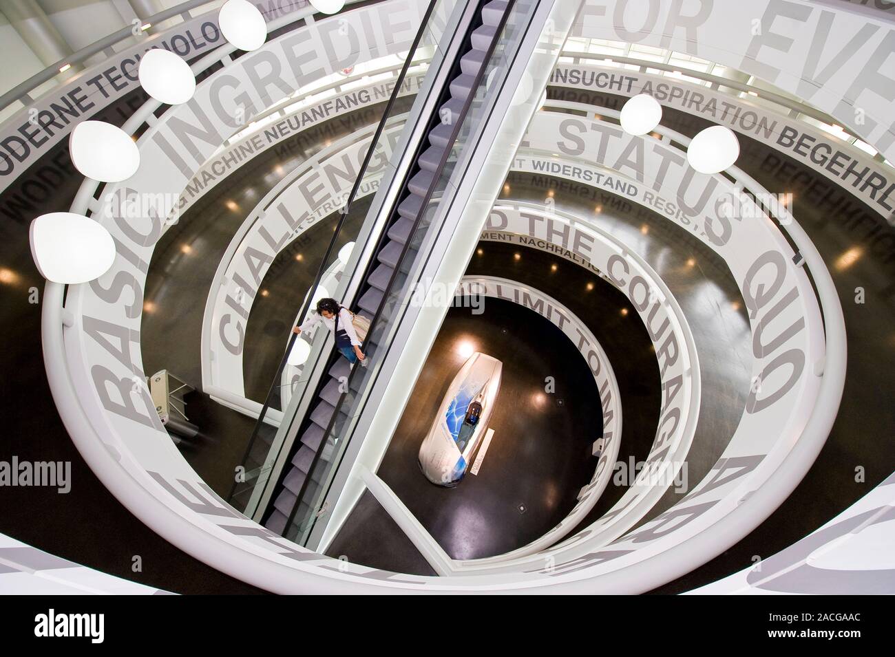 BMW museum. Escalator and spiral access ramp in the old wing of the BMW ...
