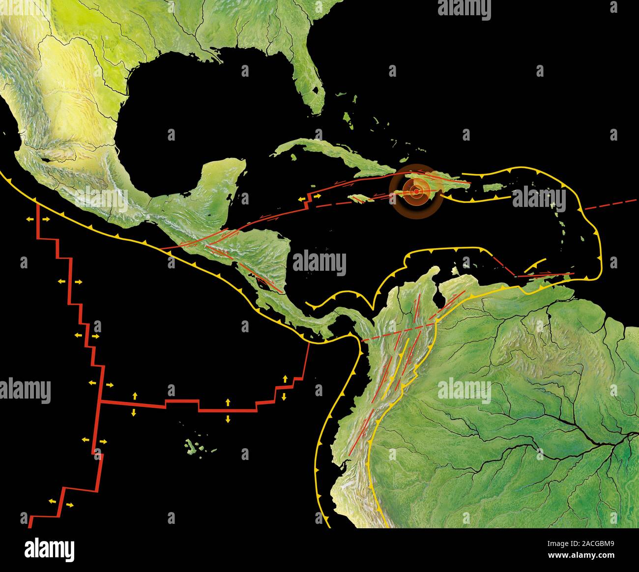 2010 Haiti earthquake, tectonic plates. Diagram and map of the tectonic