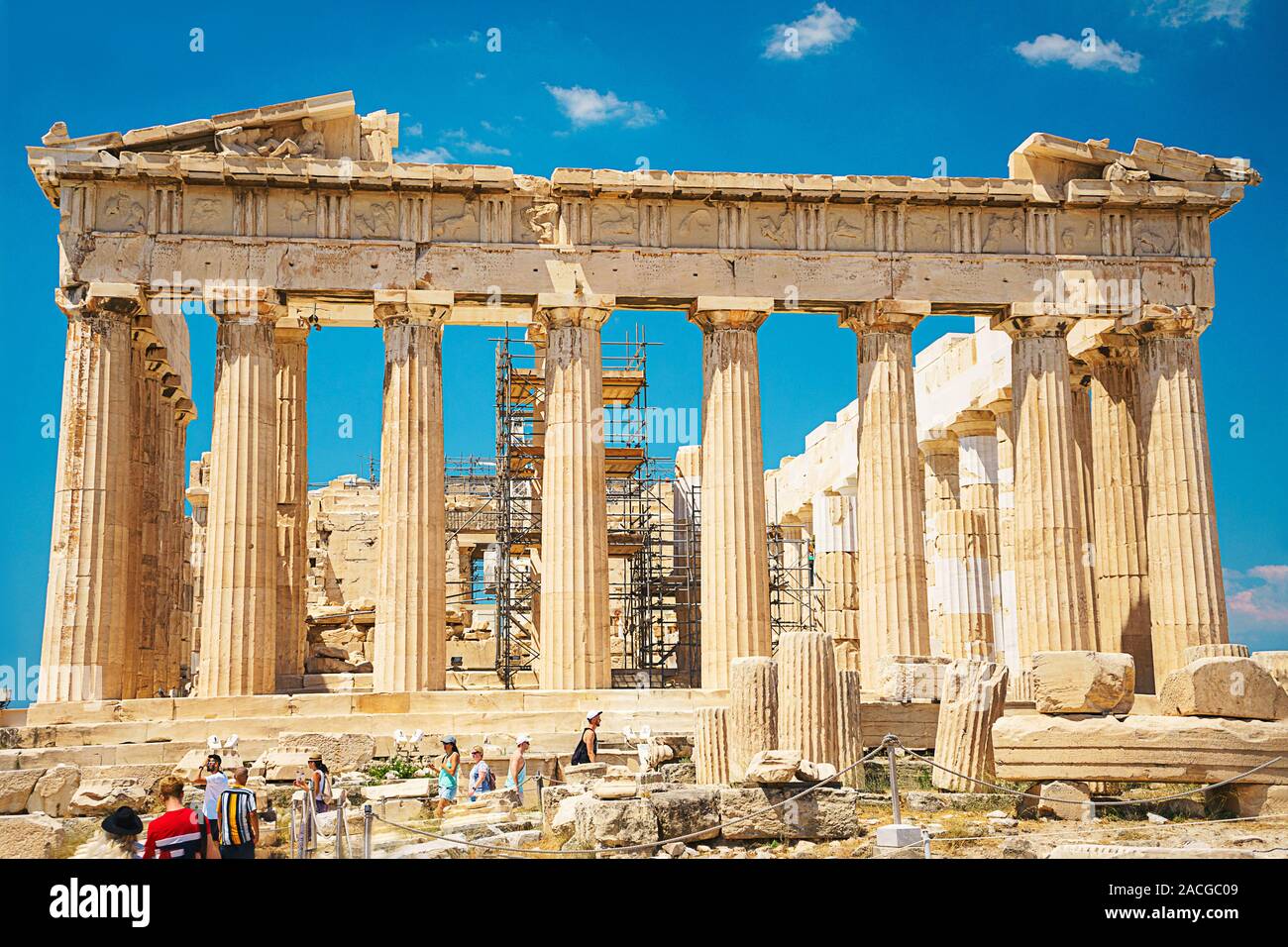 Ancient temple Parthenon in Acropolis Athens Greece on a bright blue sky background. The best travel destinations. Stock Photo