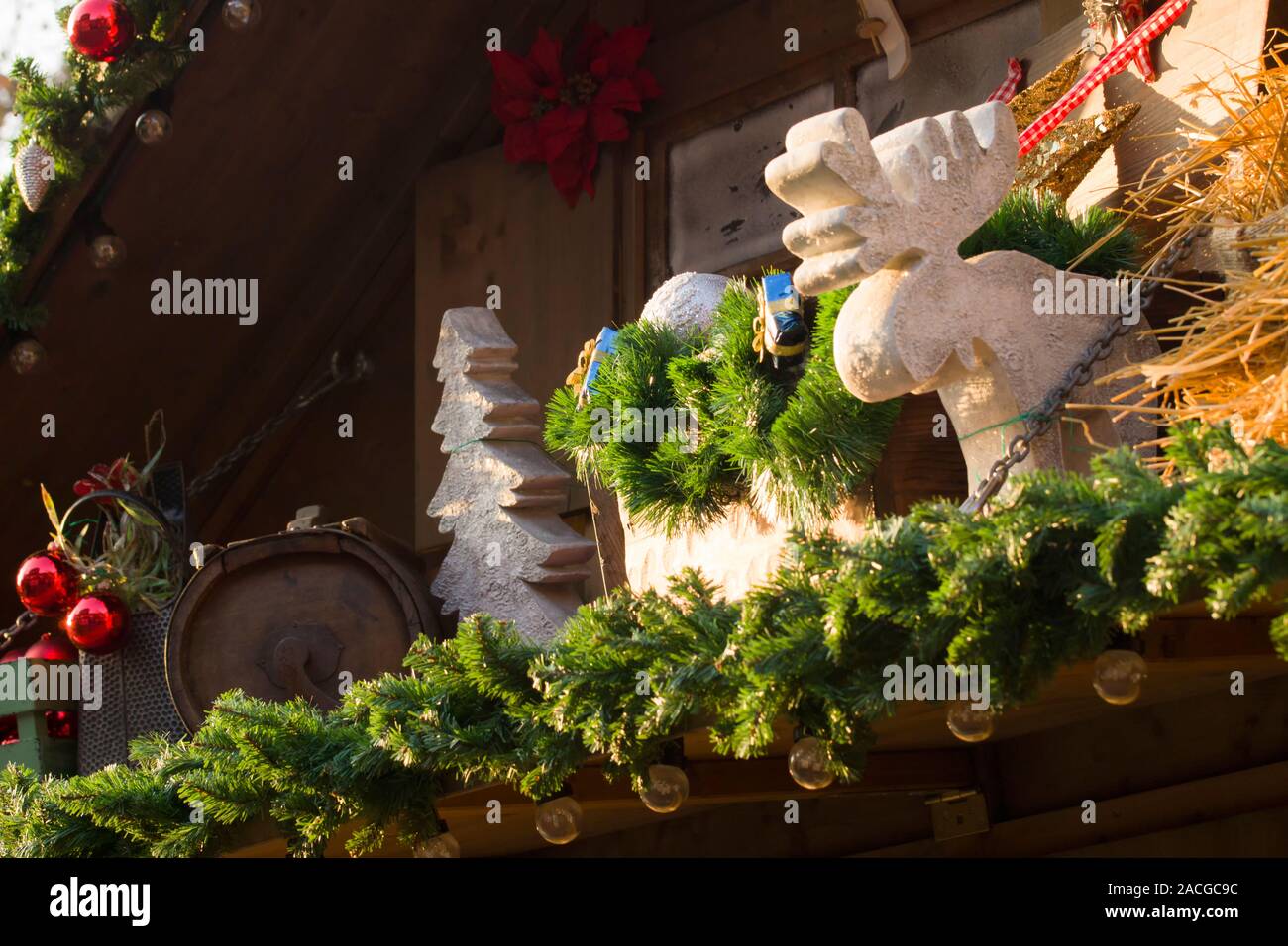 Christmas decoration on the roof of a stand on the Christmas market in Germany Stock Photo