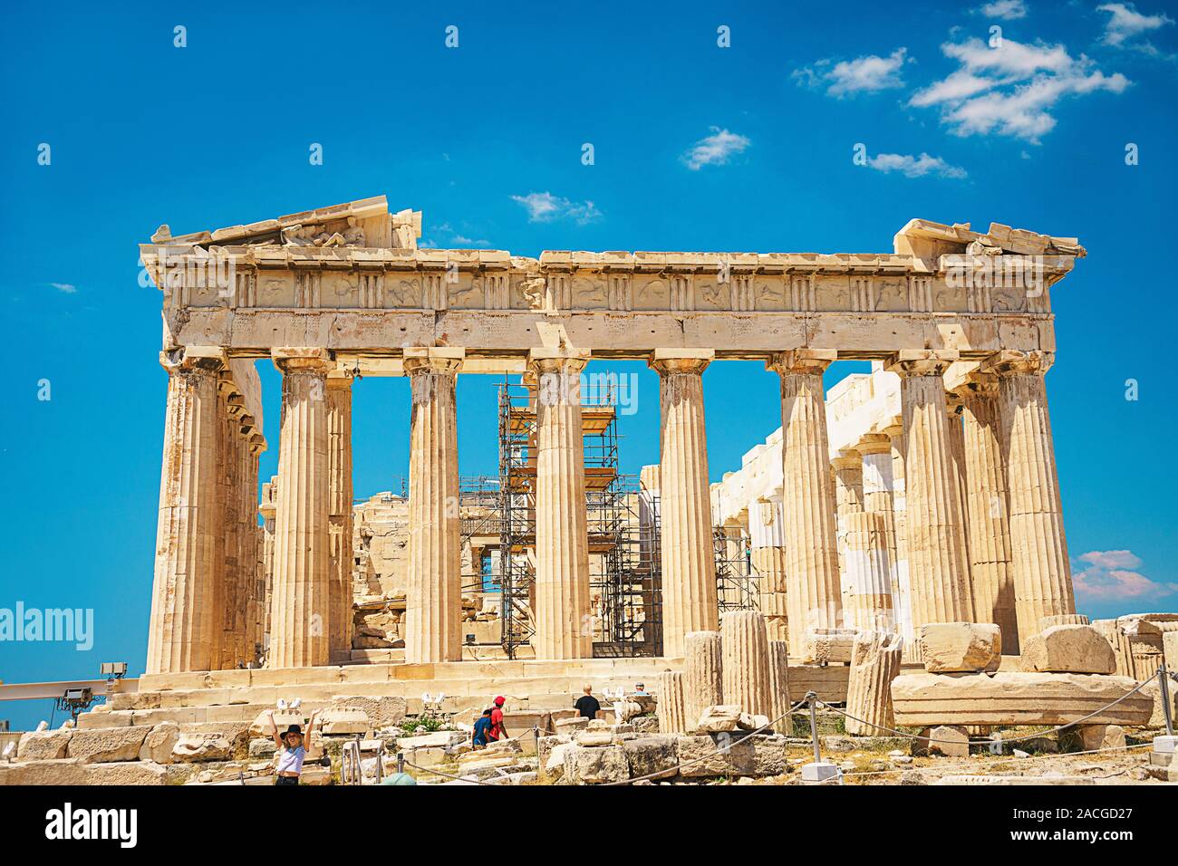 Ancient temple Parthenon in Acropolis Athens Greece on a bright blue sky background. The best travel destinations. Stock Photo