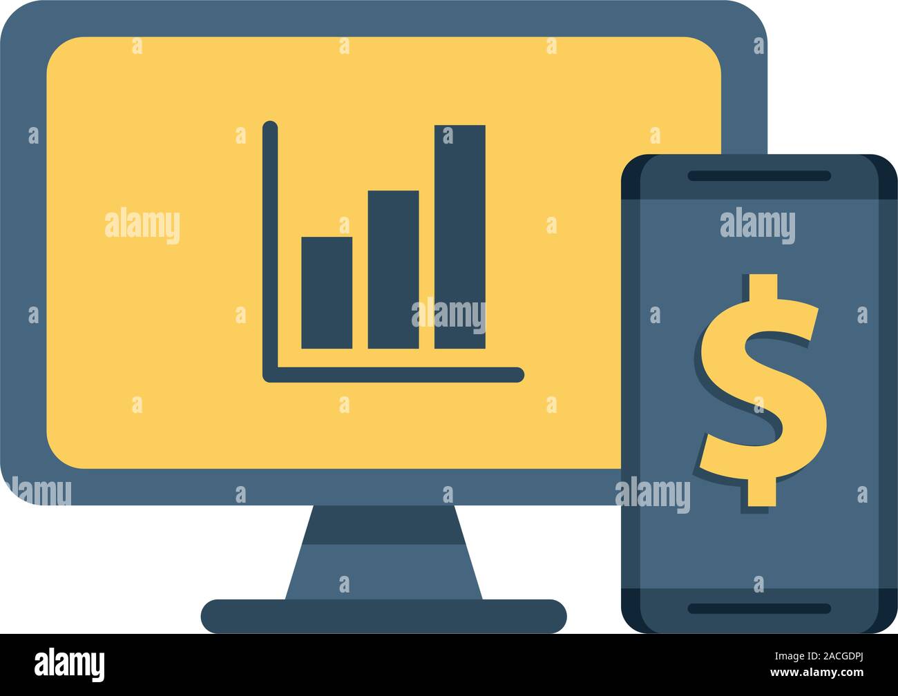 desktop with statistics bars and smartphone Stock Vector