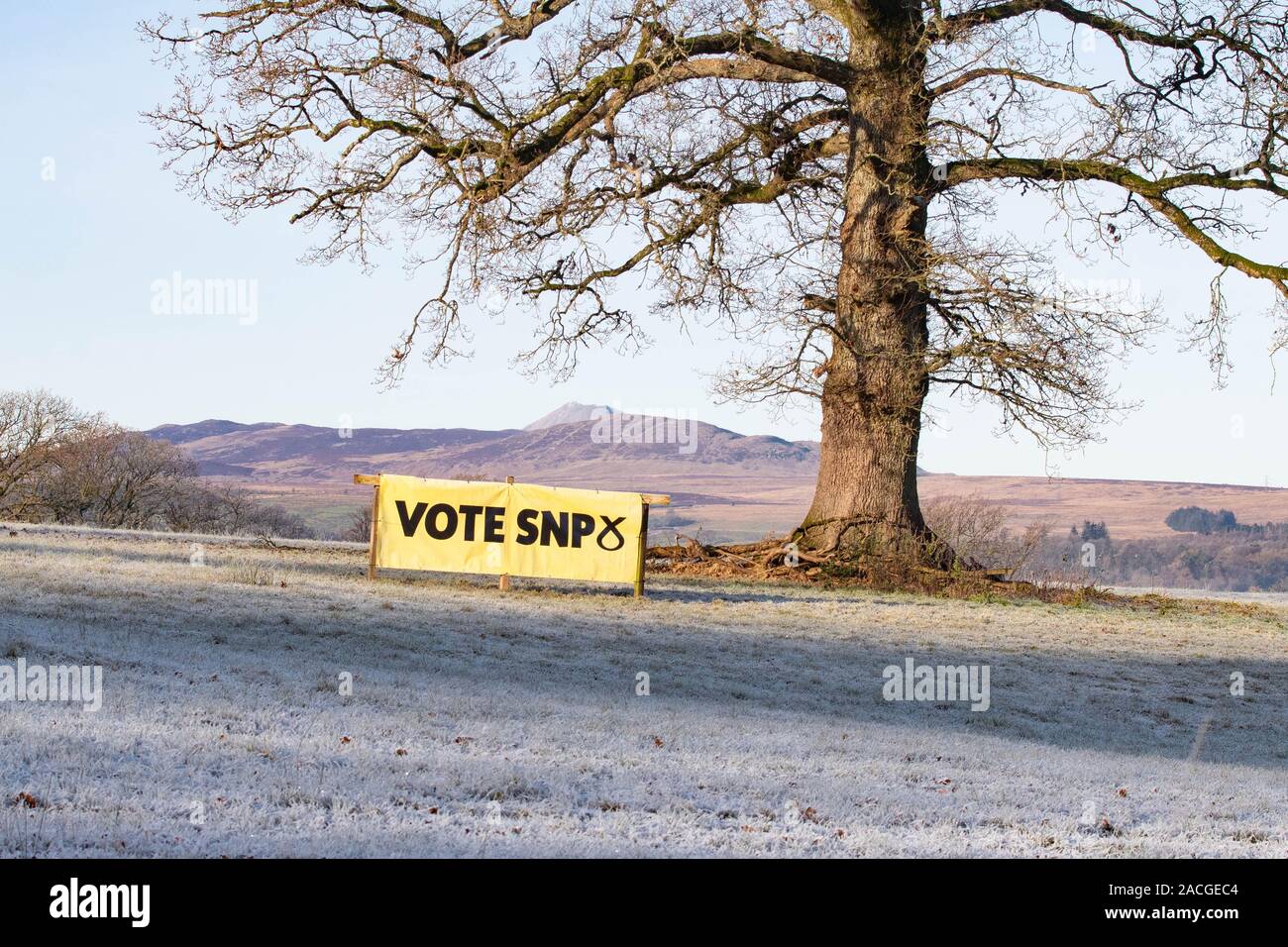 Vote SNP banner in frost covered field in rural Stirlingshire - 2019 general election, Scotland, UK Stock Photo