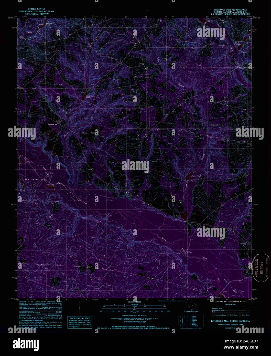 USGS TOPO Map South Carolina SC Kitchings Mill 261196 1988 24000 Inverted Restoration Stock Photo